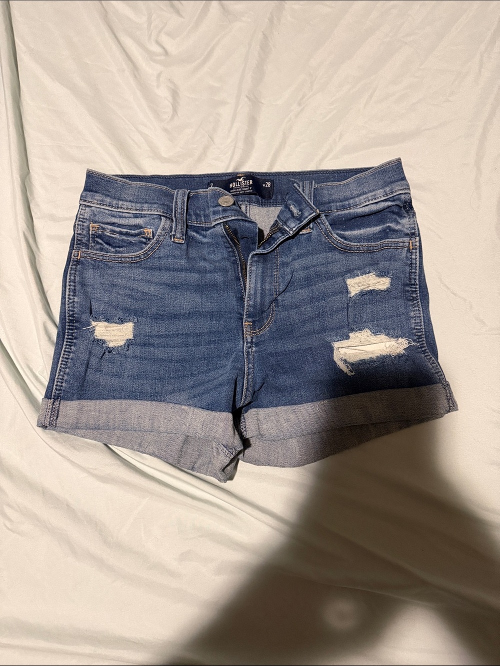 Hollister Rolled Hem Distressed Denim Shorts - Blue